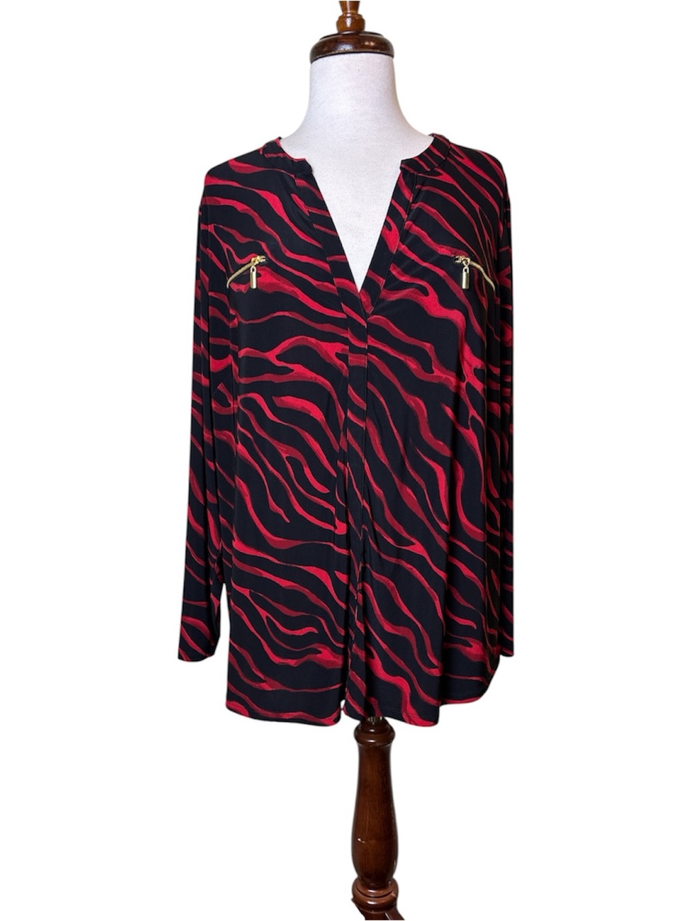 INC International Concepts Black and Red Zebra-Print Long Sleeve Top Size 3X